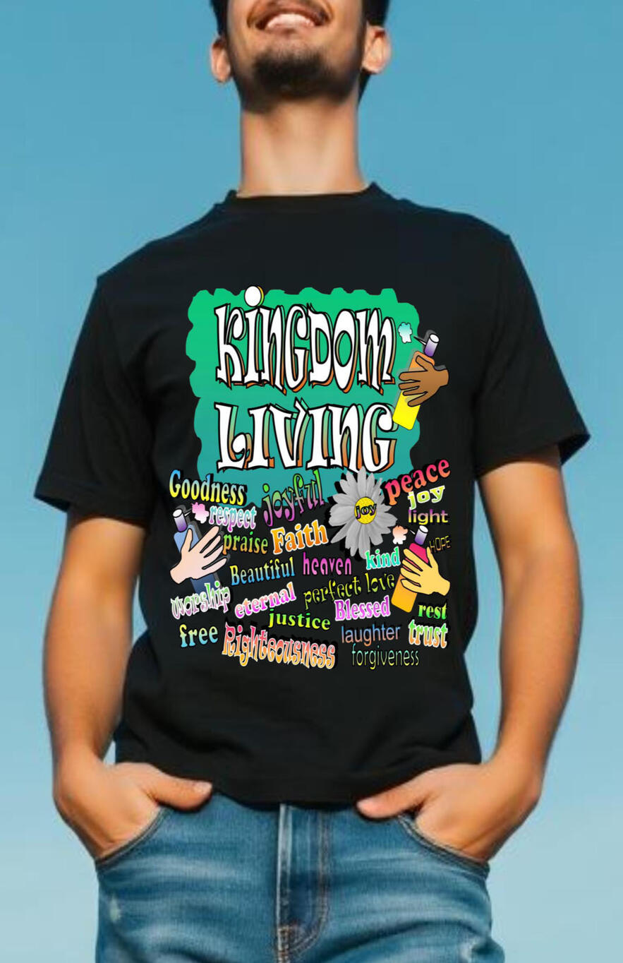 Kingdom Living Men's Christian T-shirt. Featuring Graffiti and colorful word art.