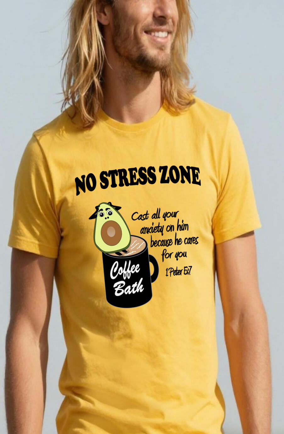 No Stress Zone Men's Christian T-shirt. Featuring a funny cartoon avocado inside of a coffee mug bath.