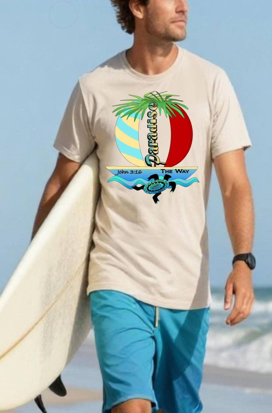 Paradise Way Christian Men's T-shirt. Featuring a boat with a palm tree, turtle and bible verse.