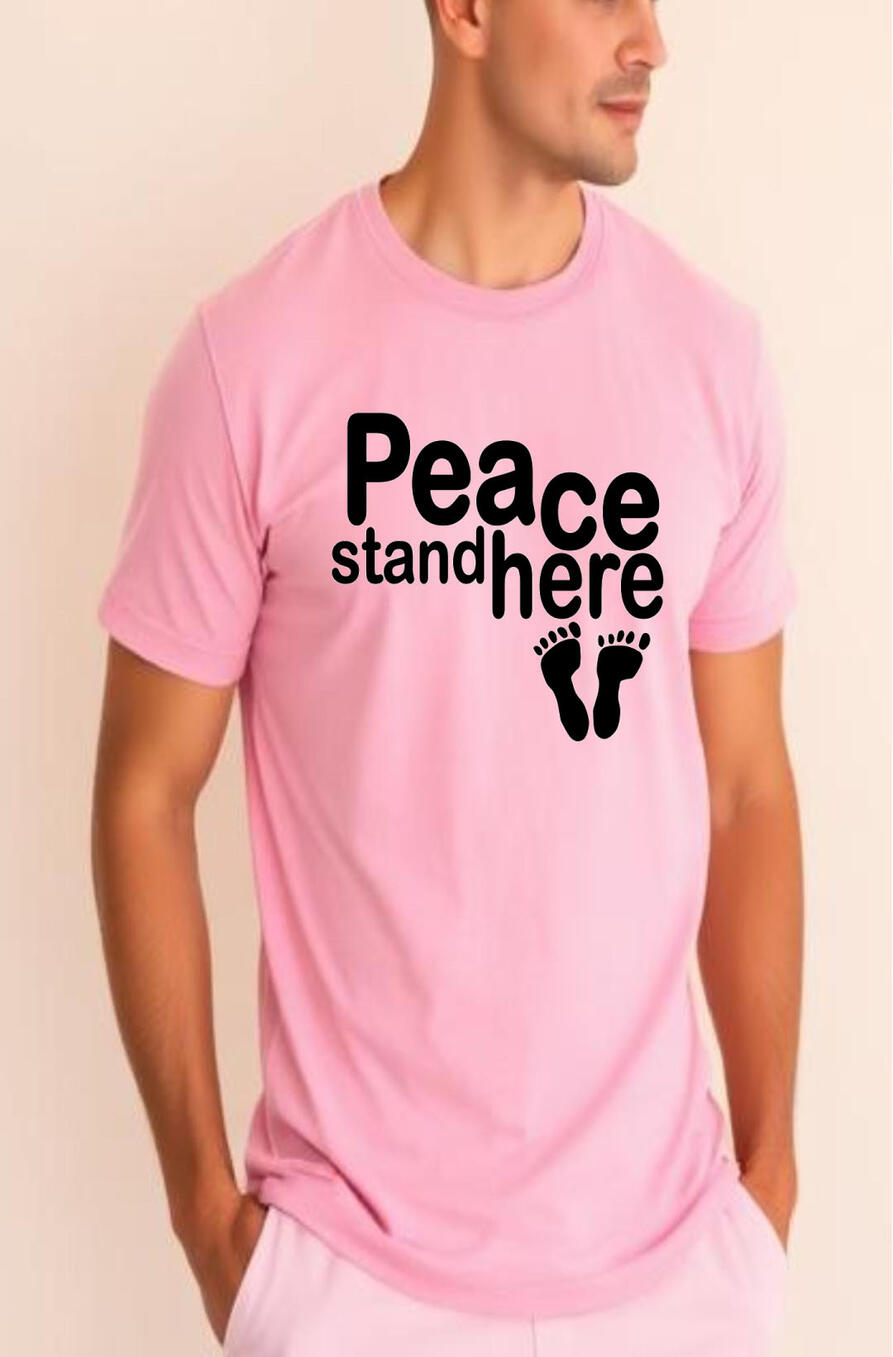 Peace Stand Here Men's Christian T-shirt. Featuring silhouette black footprints.
