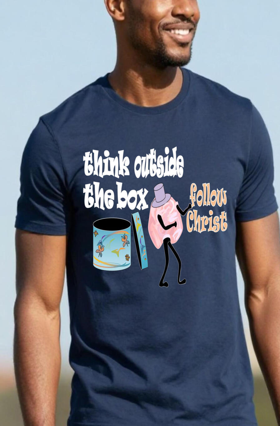 Think Outside The Box. Featuring a colorful hat box and a cartoon of a brain with the words "follow Christ."