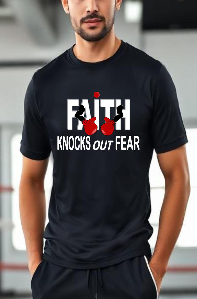 Faith Knocks Out Fear Christian T-shirt, featuring red boxing gloves with the words "Faith knocks out Fear."