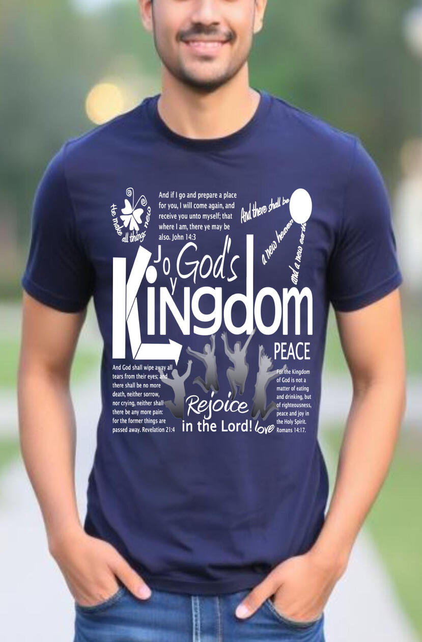 God's Kingdom Men's Christian Premium T-shirt. Featuring a silhouette of the sun, people rejoicing, a butterfly, and various scriptures