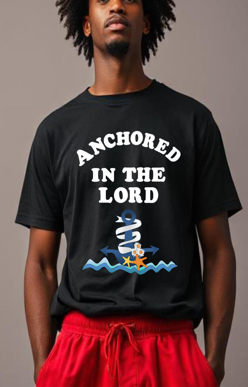 Anchored in the Lord Men's Christian T-shirt. Nautical Blue Anchor with water and star fishes.