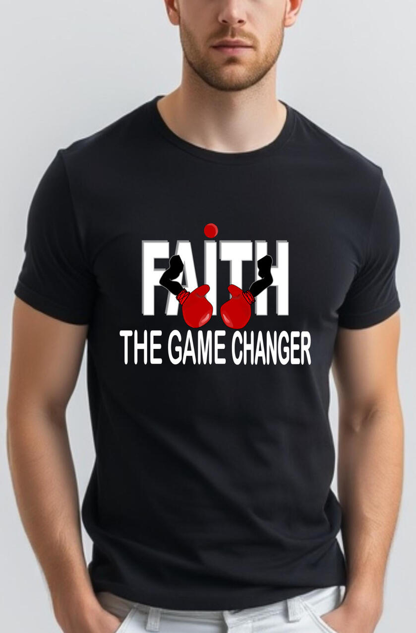 Faith The Game Changer Men's Christian T-shirt. Featuring red boxing gloves and the words *Faith The Game Changer."