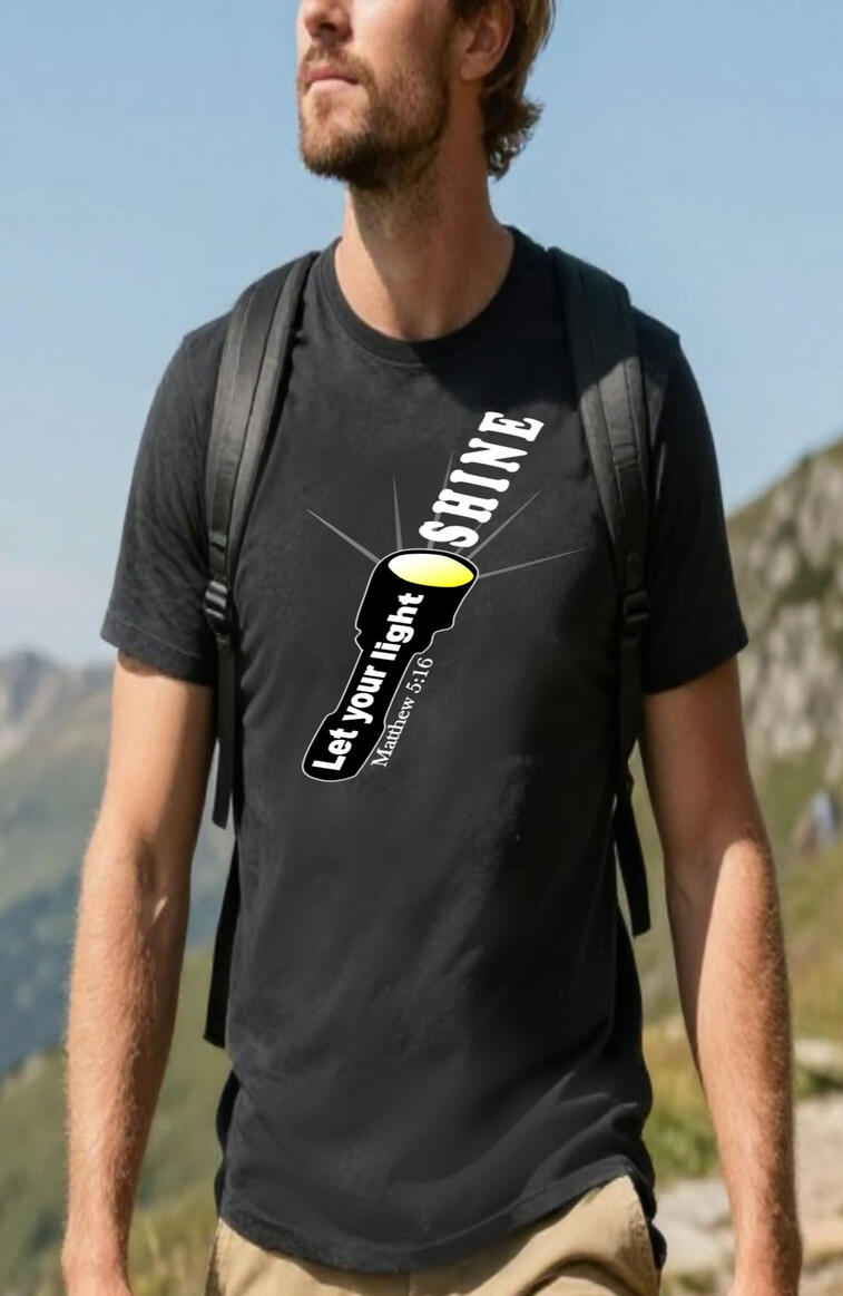 Let Your Light Shine Men's Christian T-shirt. Featuring a flash light with scripture, and the words, "Let Your Light Shine.