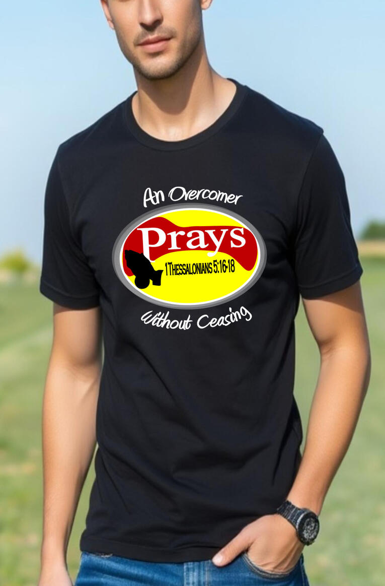 An Overcomer Prays Men's Christian T-shirt. Featuring a Silhouette of praying hands, with a pun on the background of Lay's potato chips logo.