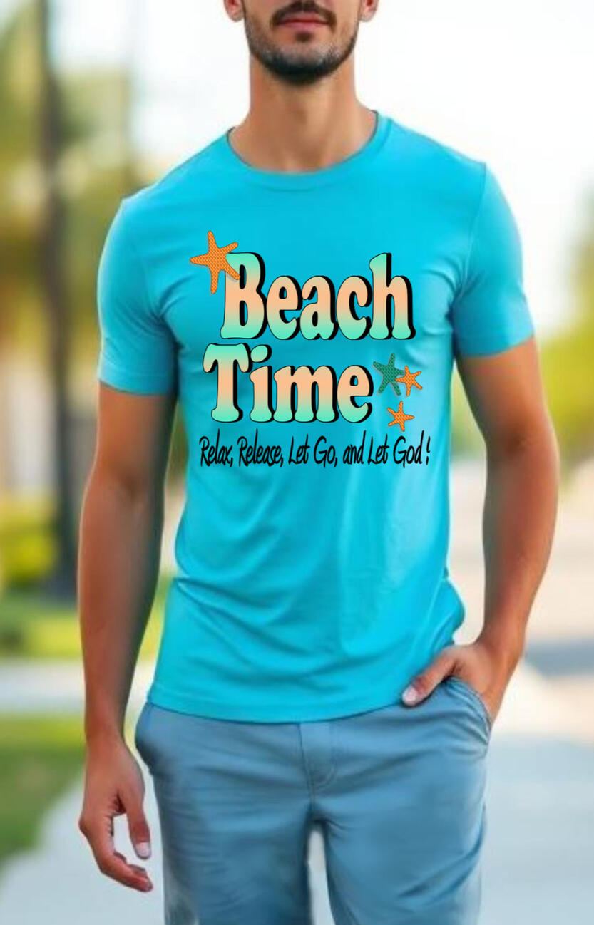 Beach Time, Let Go, and Let God! Men's Christian T-shirt. Featuring star fishes and the words in blue and orange "Beach Time."