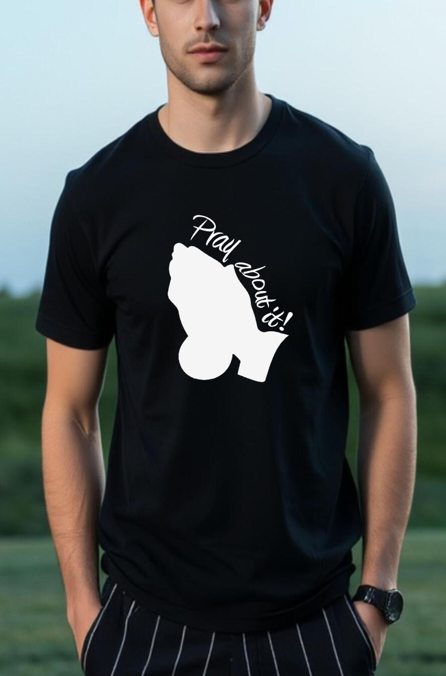 Pray About It! Hands Men's Christian T-shirt. Featuring silhouette black footprints.