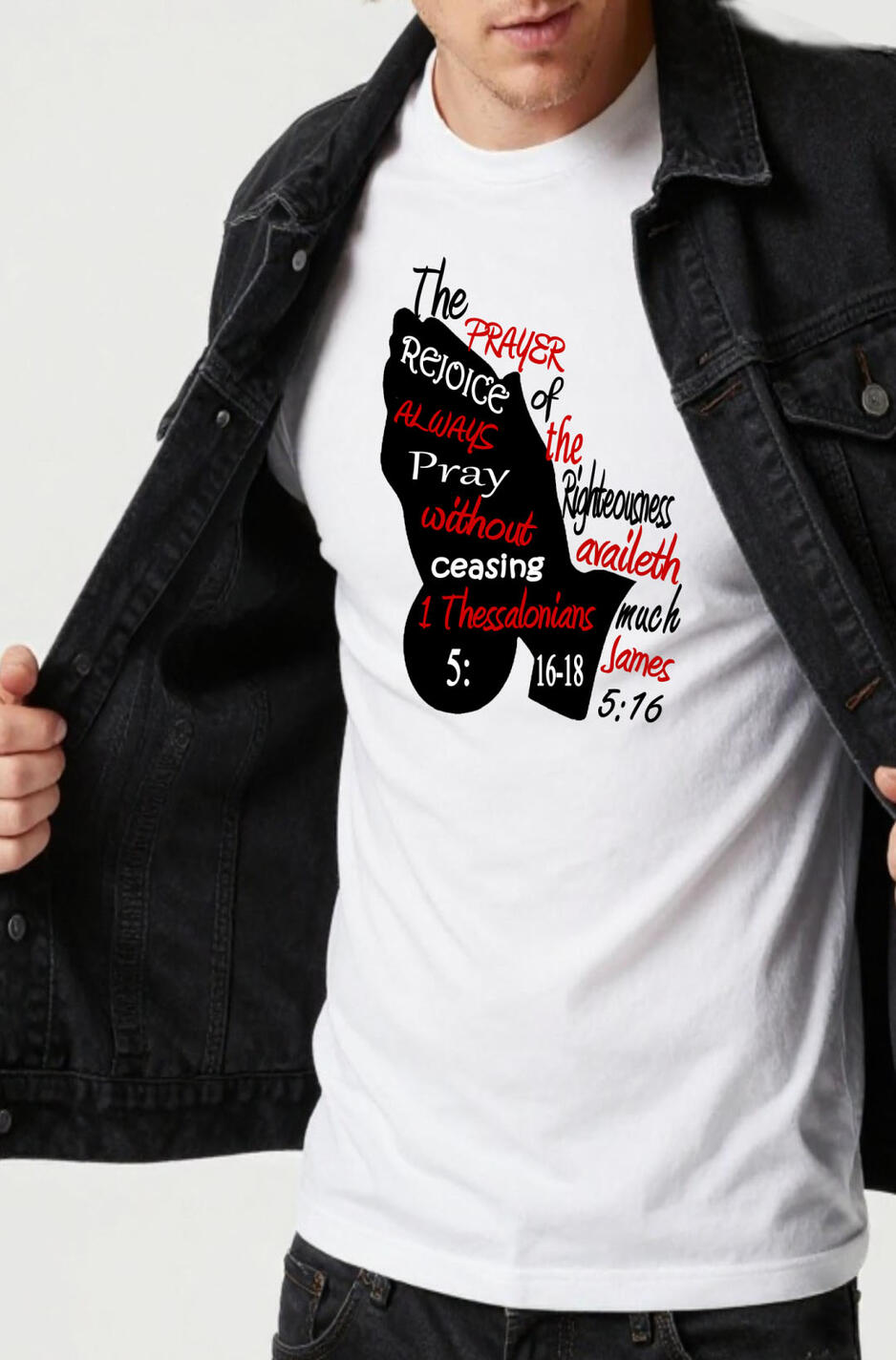 Pray without Ceasing Christian Men's T-shirt, featuring a silhouette of praying hands and the words "Pray without ceasing."