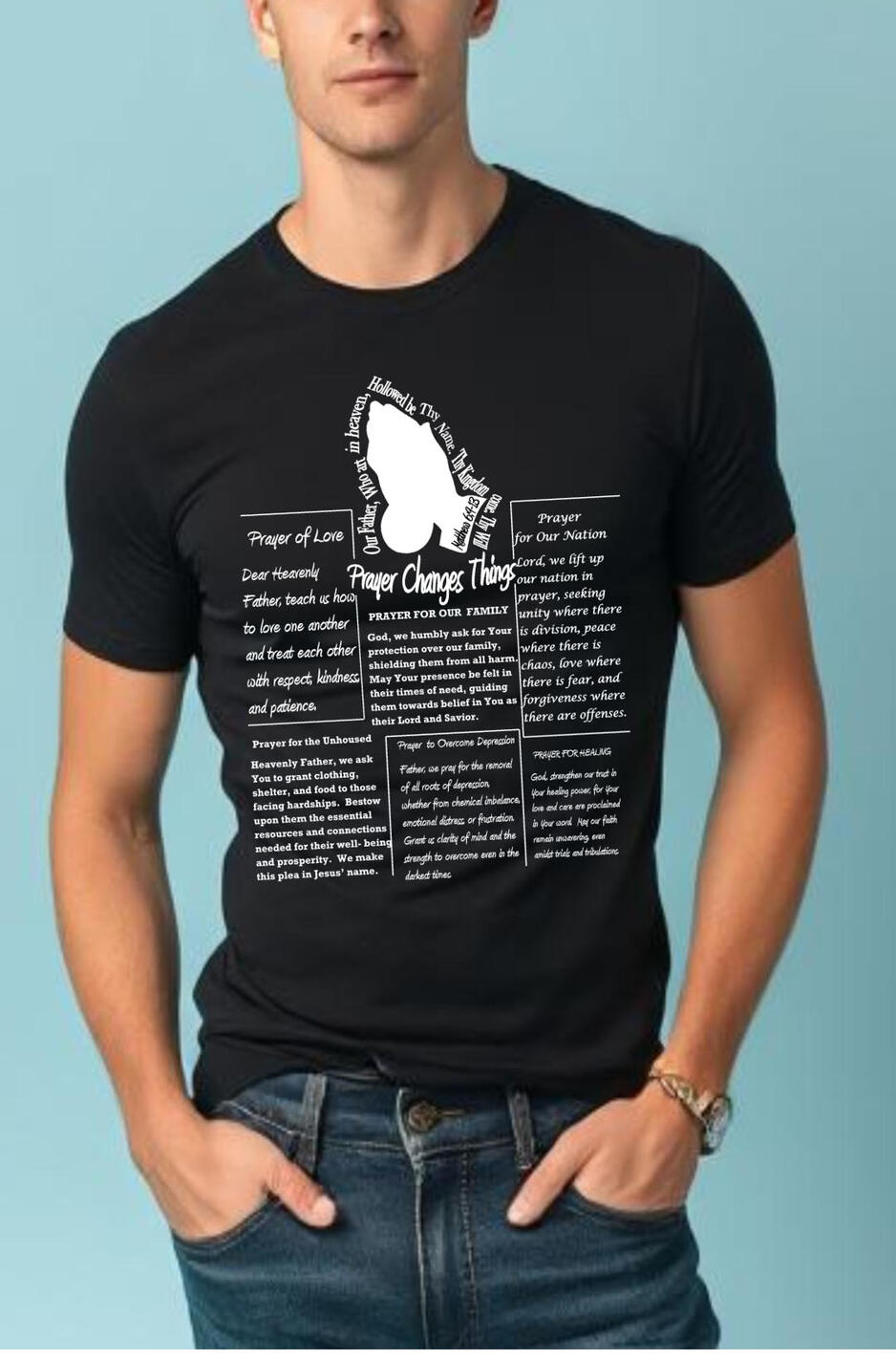 Prayer Changes Things Men's Christian T-shirts. Featuring praying hands with boxes full of scriptures and Christian sayings.