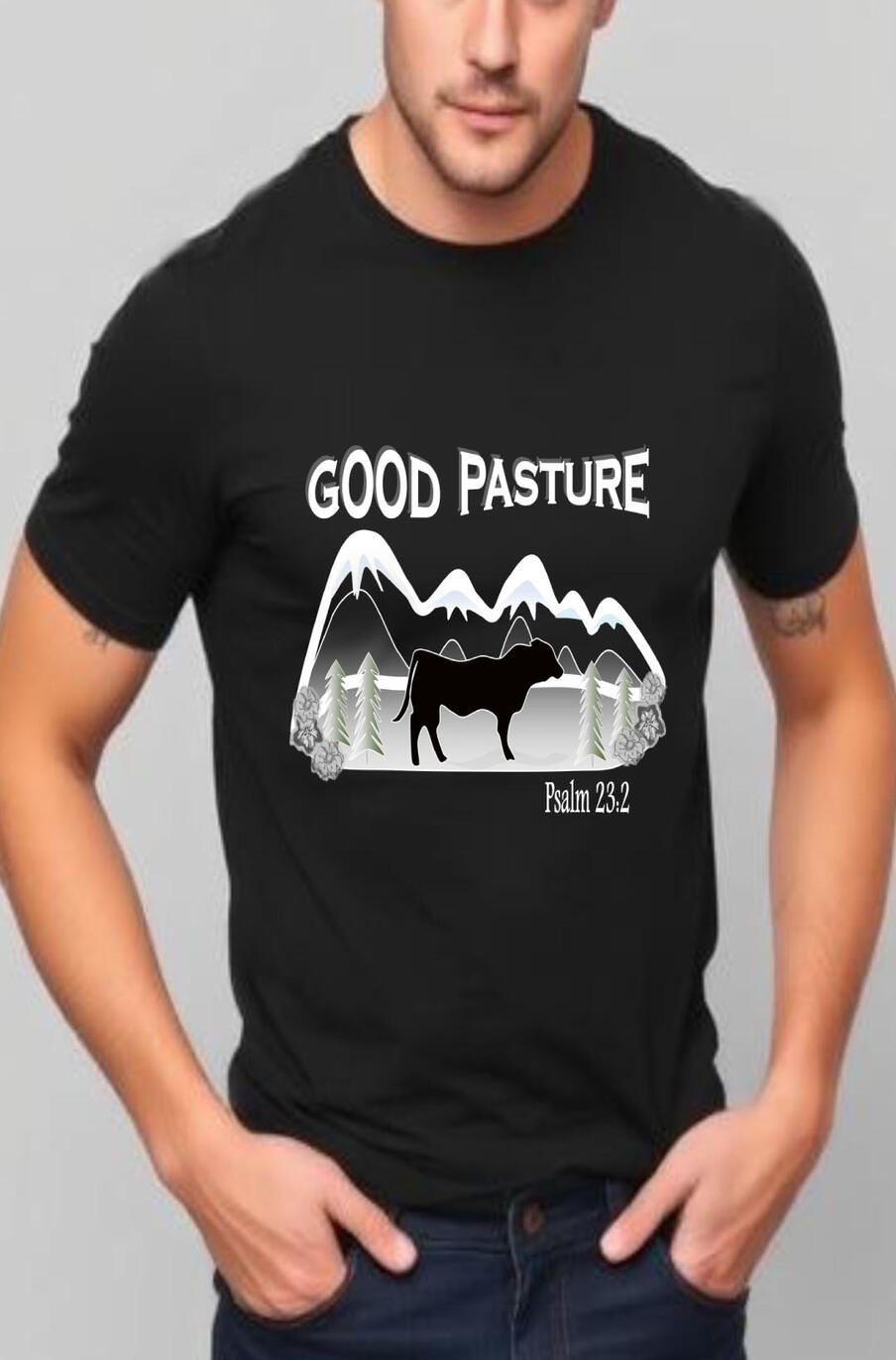 Good Pasture Christian Men's T-shirt. Featuring a white silhouette of a mountain top landscape, flowers, and a cow.