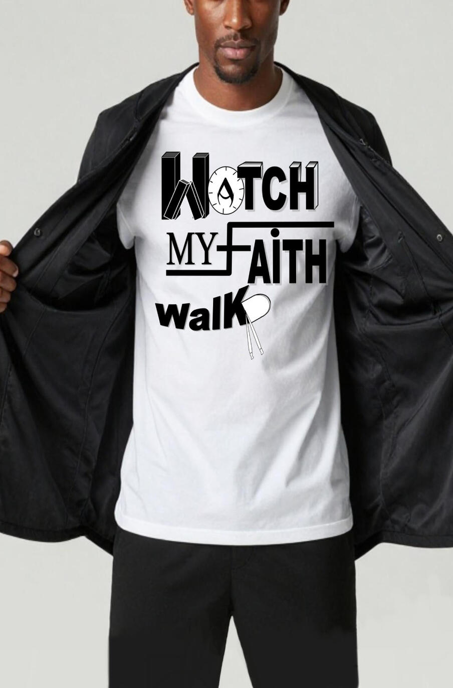 Watch My Faith Walk Men's Christian T-shirt. Features a clock in the word "Watch," and the upper part of the tennis shoe in the word "Walk."