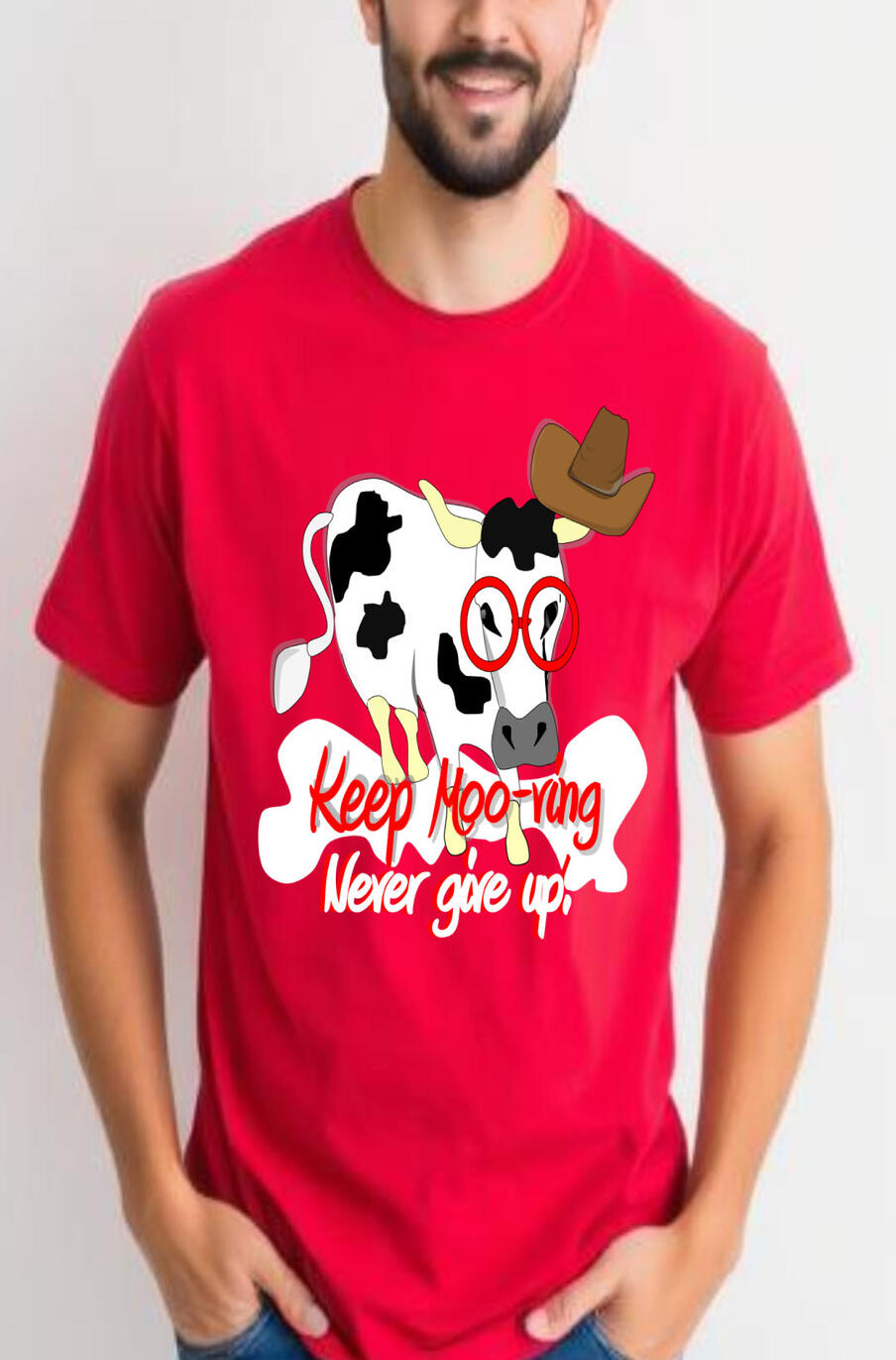 Keep Moo-ving Never Give Up Christian Men's T-shirt. Featuring a black and white cow, wearing red glasses and a cowboy hat.