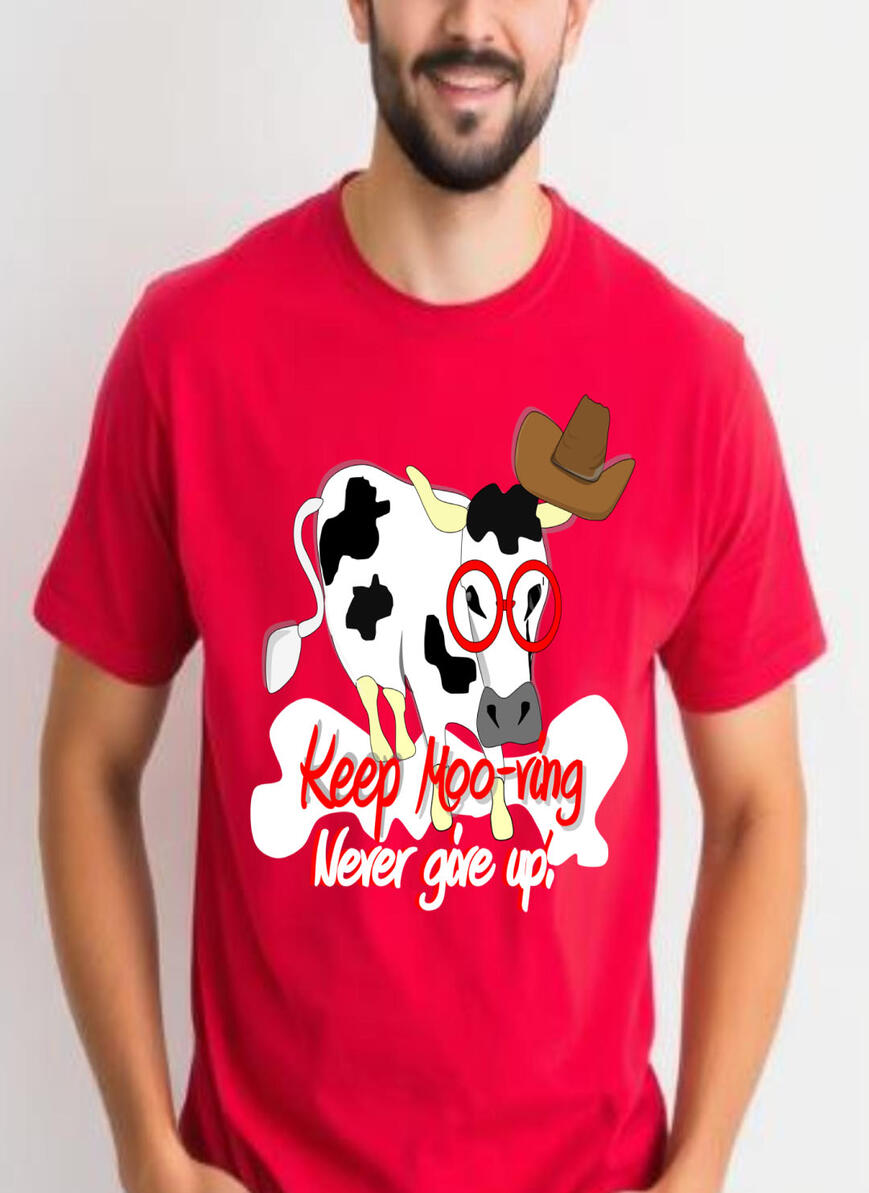 New Arrival – Funny Christian T-Shirt for Men featuring a black-and-white cow wearing red glasses and a cowboy hat, paired with an uplifting faith-inspired message: “Keep Moo-ving, Never Give Up!”