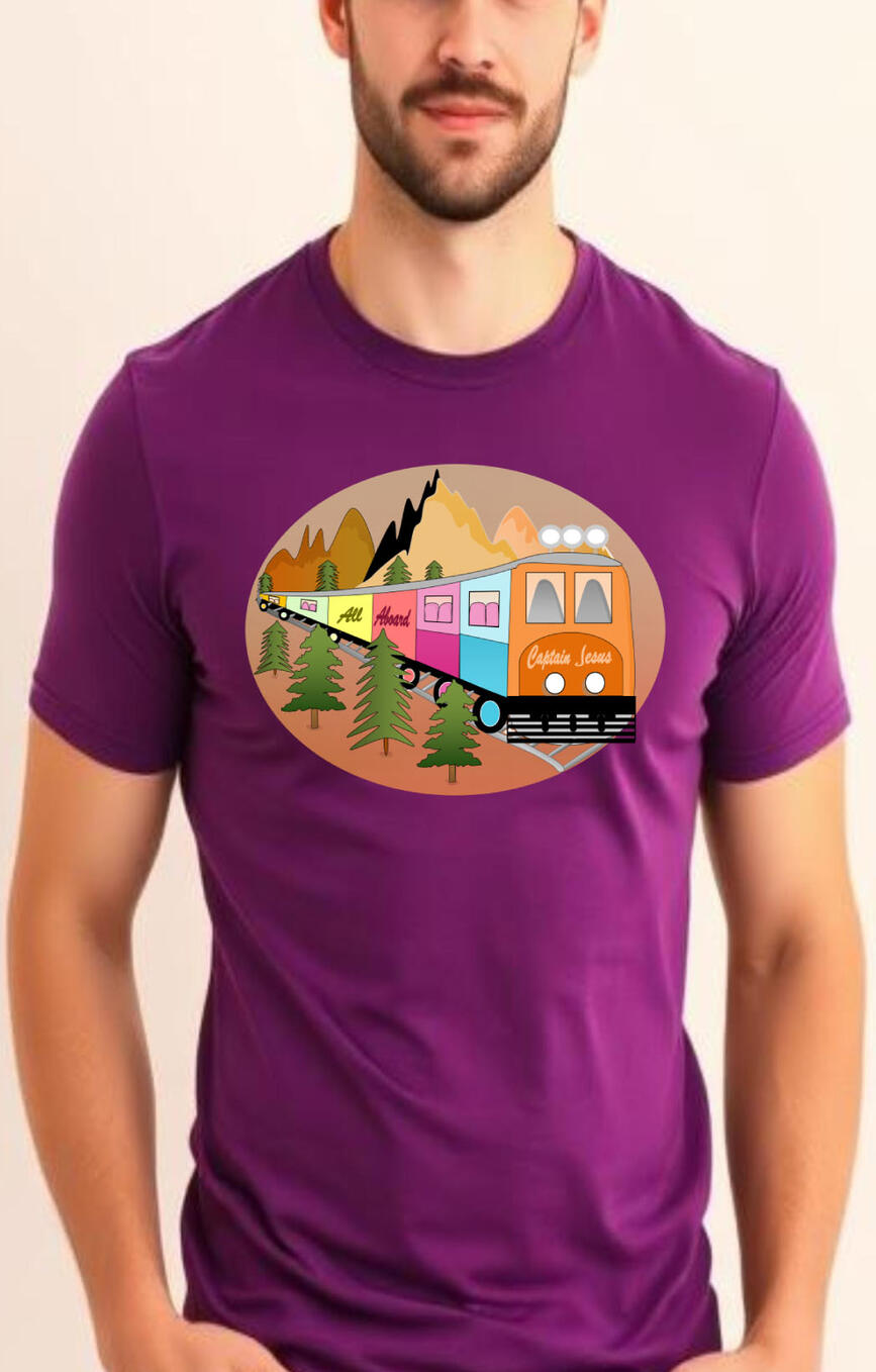 Captain Jesus Men's Christian T-shirt. Featuring a colorful train with a mountain and nature background.