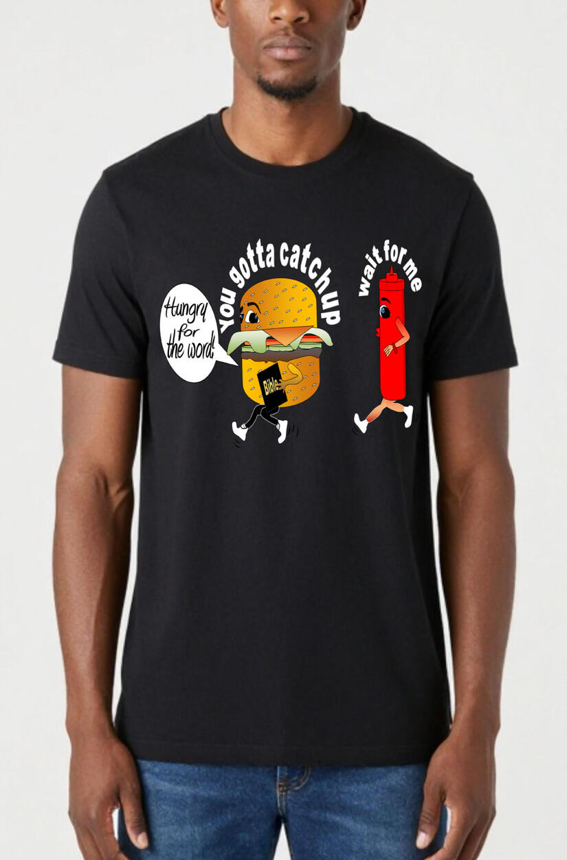 Hungry For The Word Men's Christian T-shirt, featuring a funny hamburger caricature with a bible in its hand with a ketchup caricature running after it.