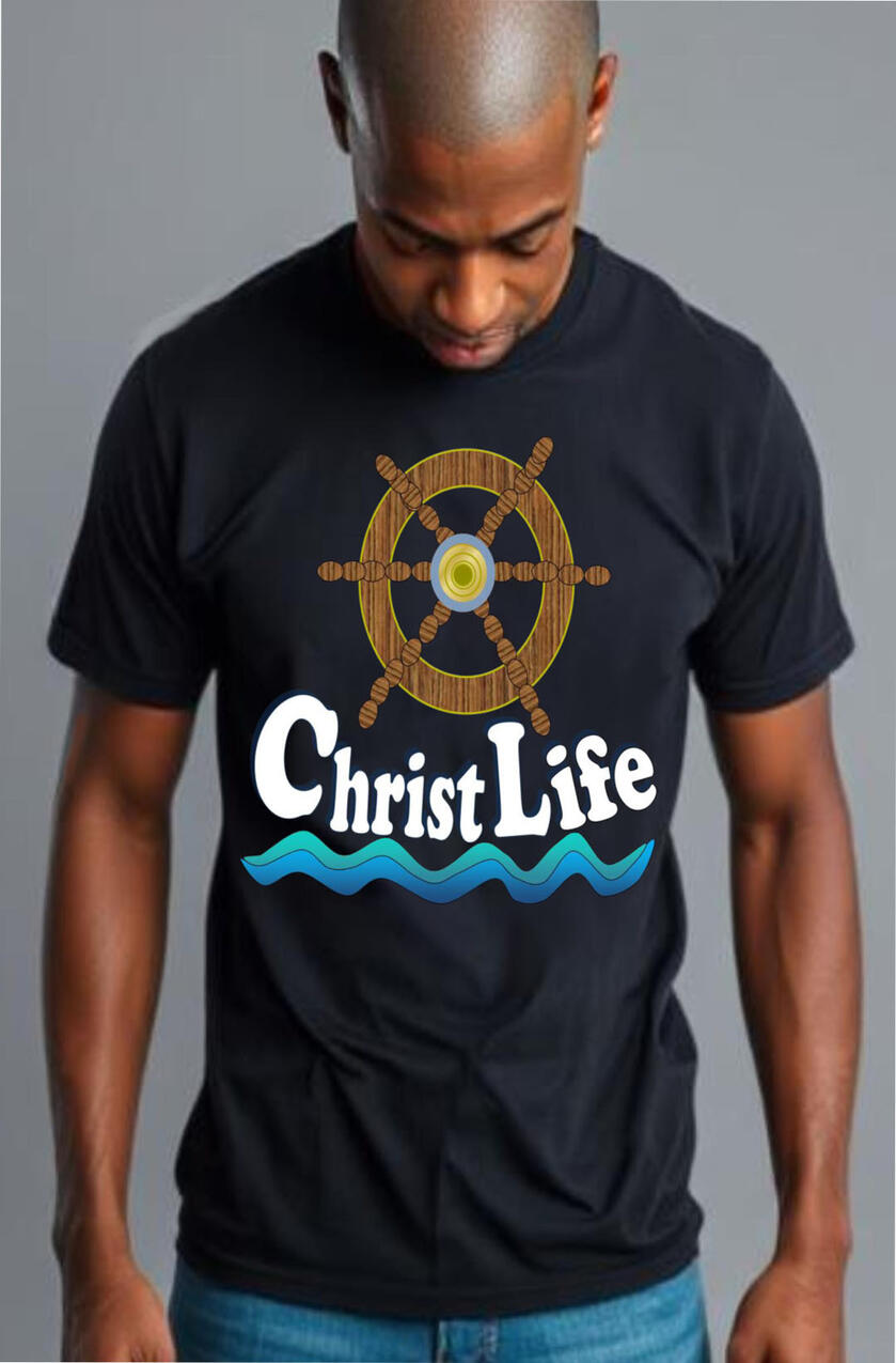 Christ Life Men's Christian T-shirt. Navigation Wheel with Water and the words "Christ Life."